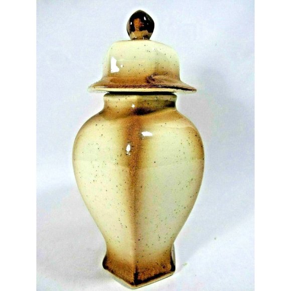 Vintage Mount St. Helens Ash Glazed Floral Jar Lid Brown Tan Green Collectible - Picture 3 of 3